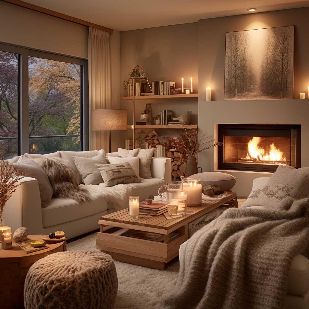 Experiment with layered lighting to create warmth in your earthy living room