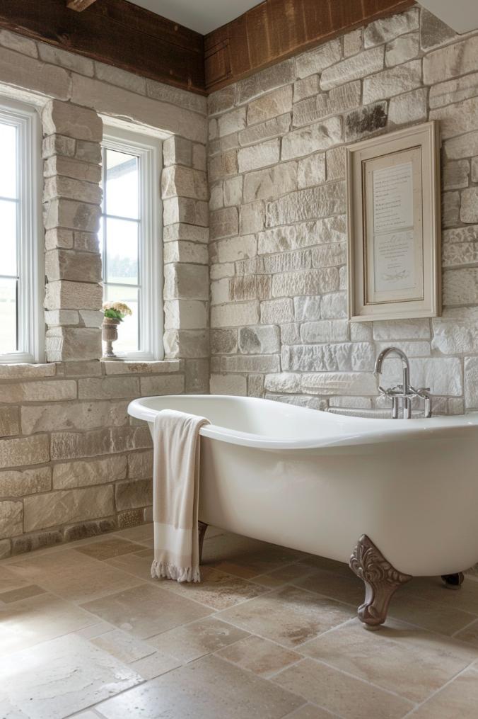 Embrace natural materials for a warm, rustic feel in your farmhouse bathroom