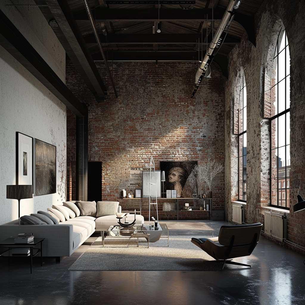 Industrial Living Room: Exposed bricks and metal accents add urban charm