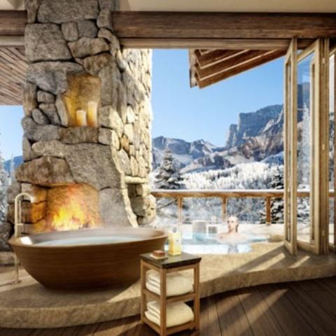 A fireplace adds warmth and style to your Chalet Bathroom