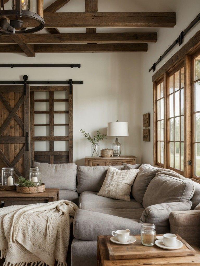 Rustic Charm Living Room: Warm wood accents and cozy textiles create a welcoming vibe