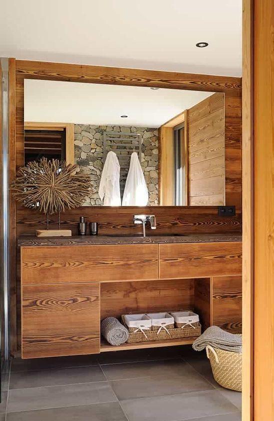 Sleek vanities blend modern style with Chalet Bathroom coziness