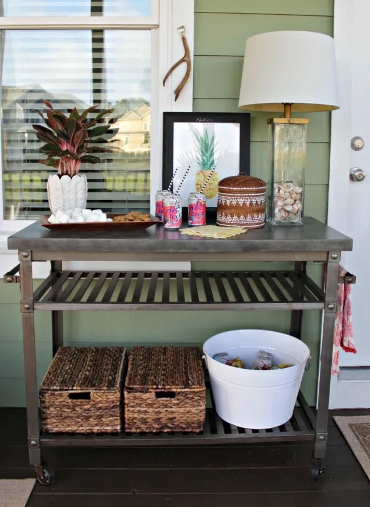 Add a mini bar cart for entertaining on your Screened Porch
