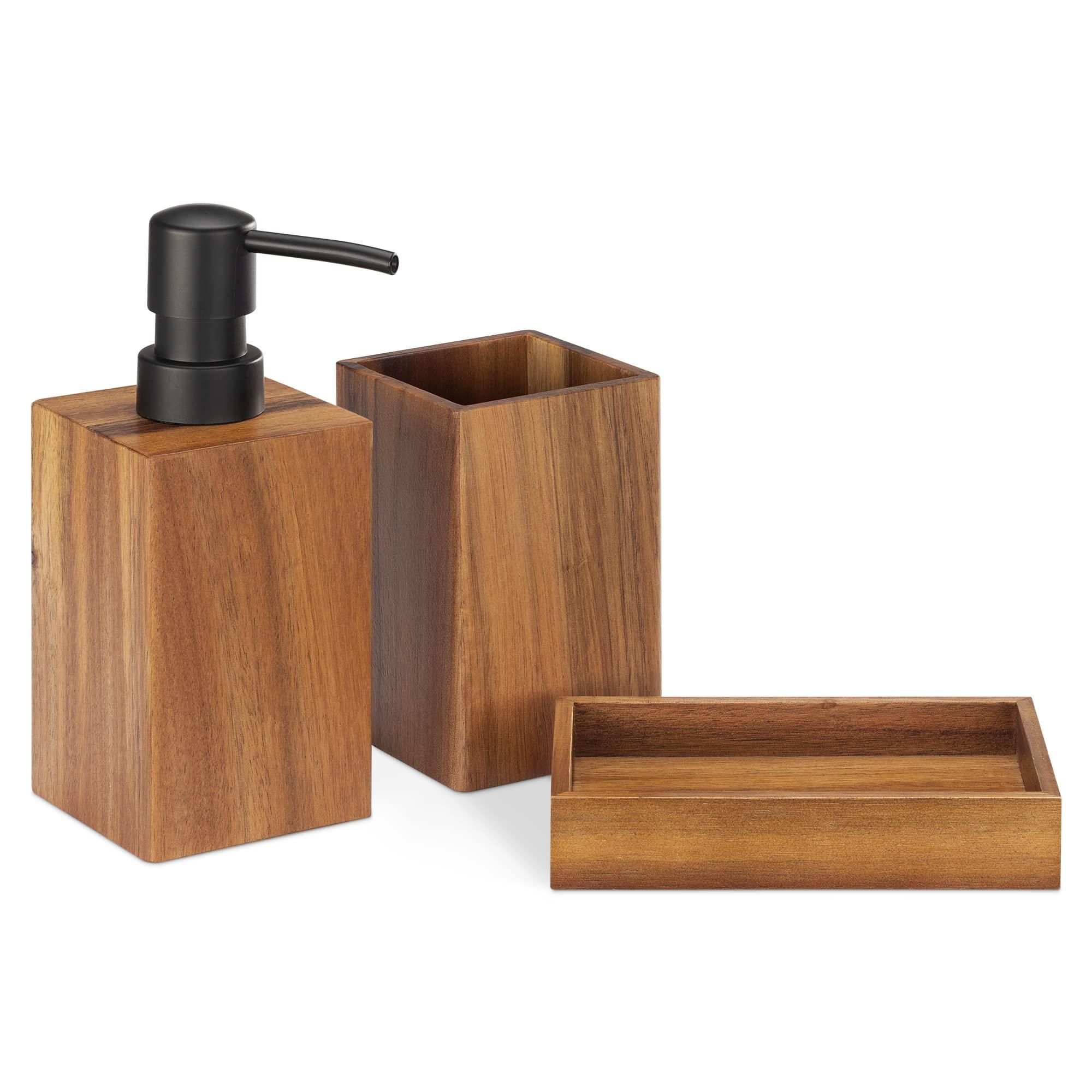 Experiment with wood accents like shelves or hooks to elevate your wooden bathroom