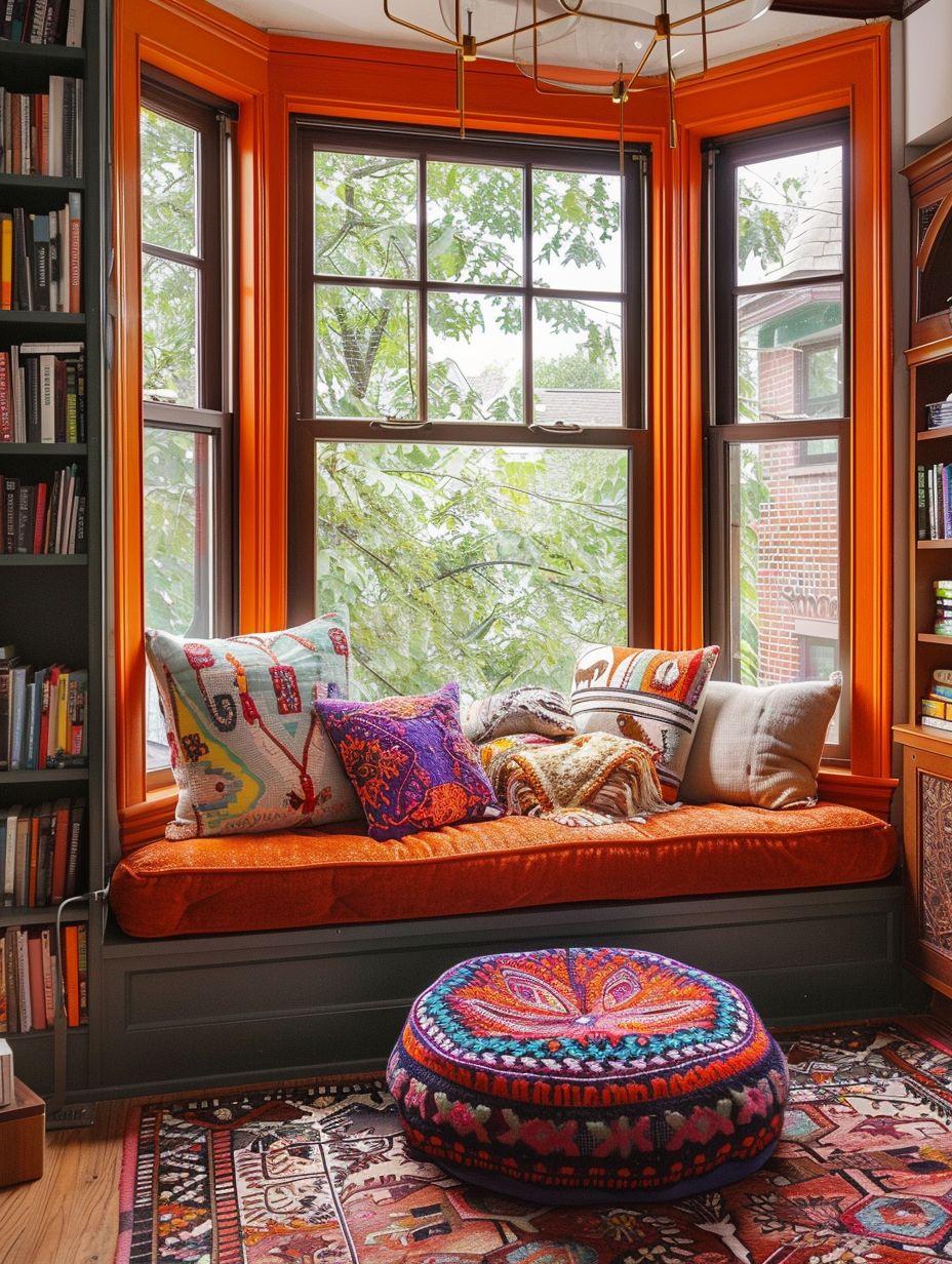 Create a cozy reading nook within your calming boho bathroom space