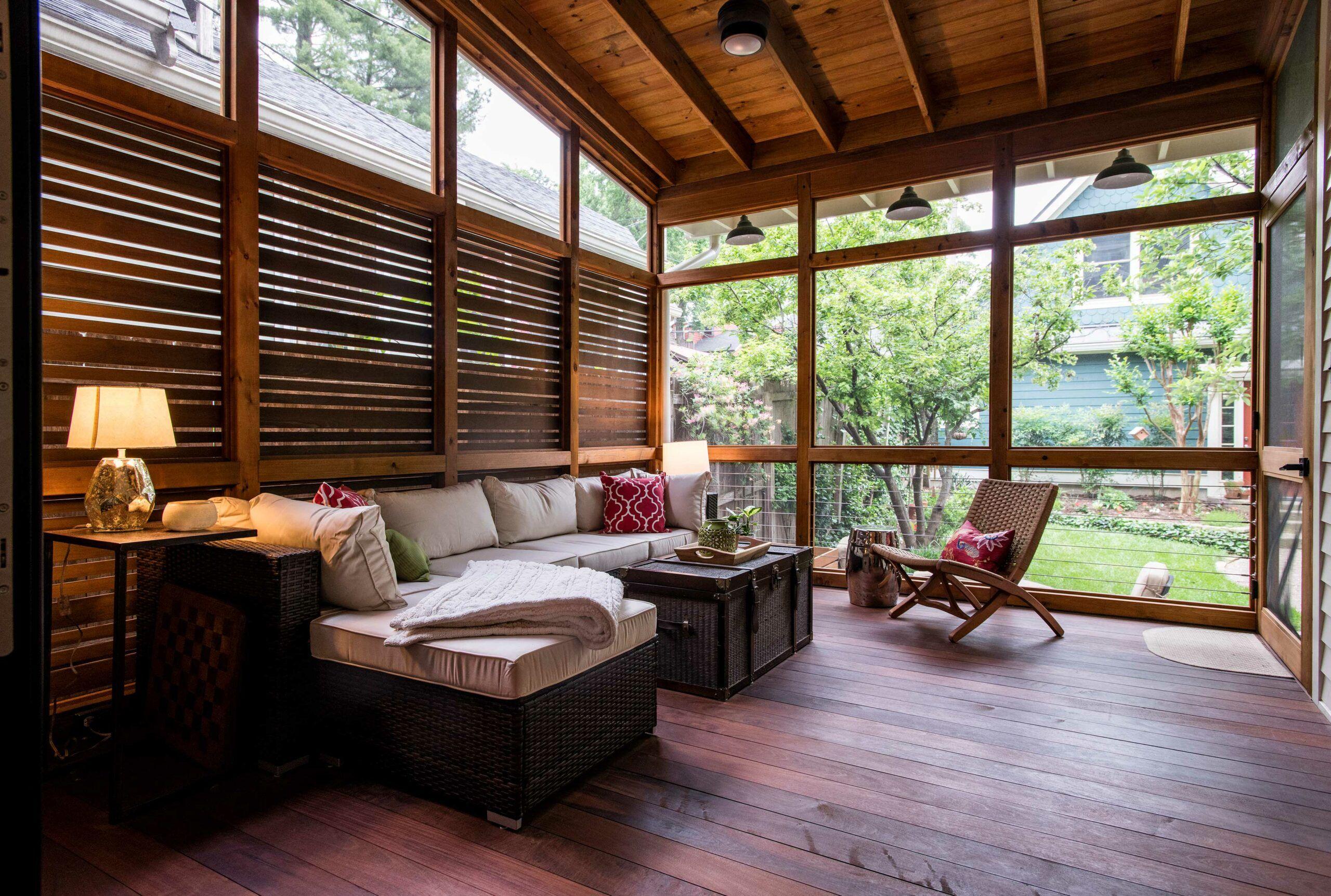 Install built-in seating with storage on your screened porch