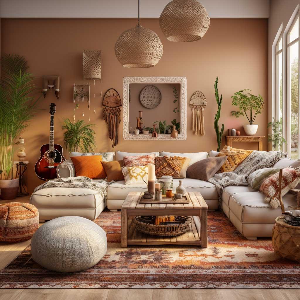 Mix and match patterns with earthy fabrics for a cozy, eclectic living room