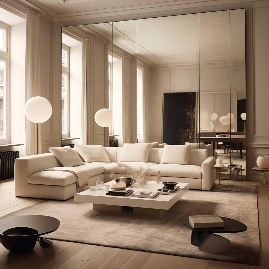 Hang oversized mirrors to create an illusion of space in your contemporary living room
