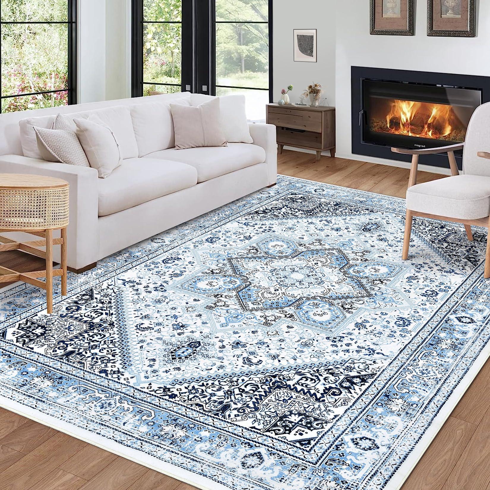 Consider a beautiful blue area rug for warmth and style