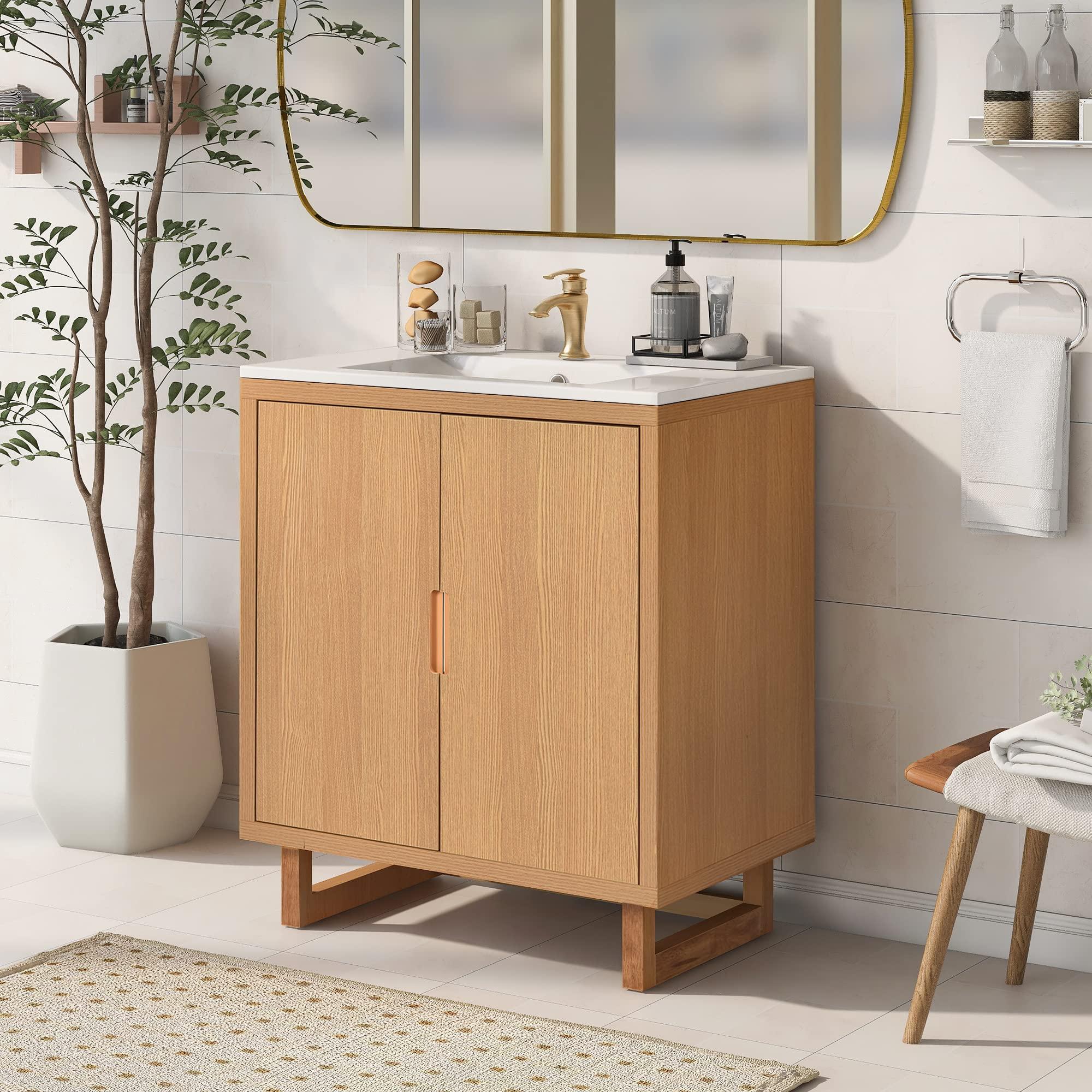 Opt for a wooden bathroom vanity for warmth and elegance in your retreat