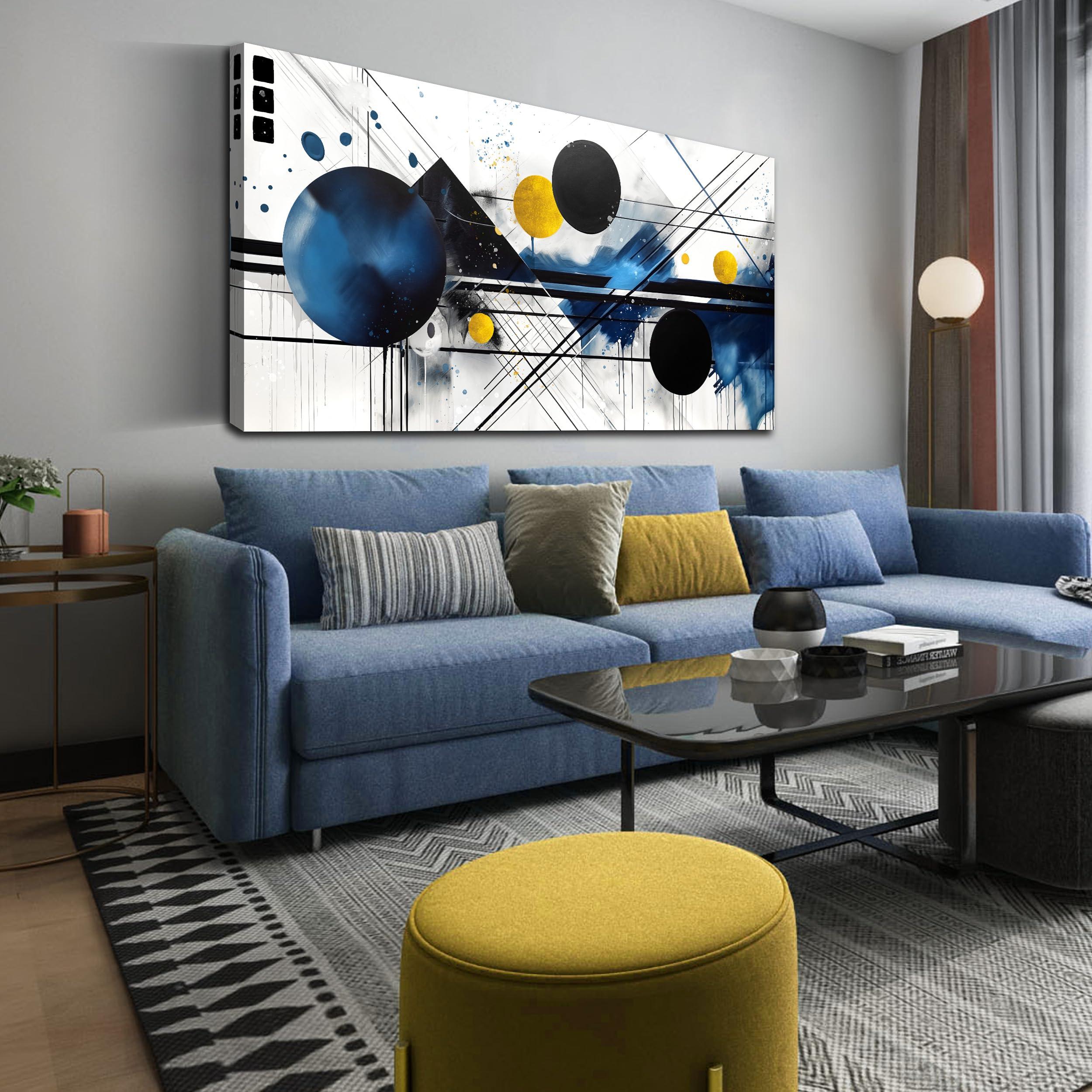 Create a gallery wall featuring blue-themed prints in your living room