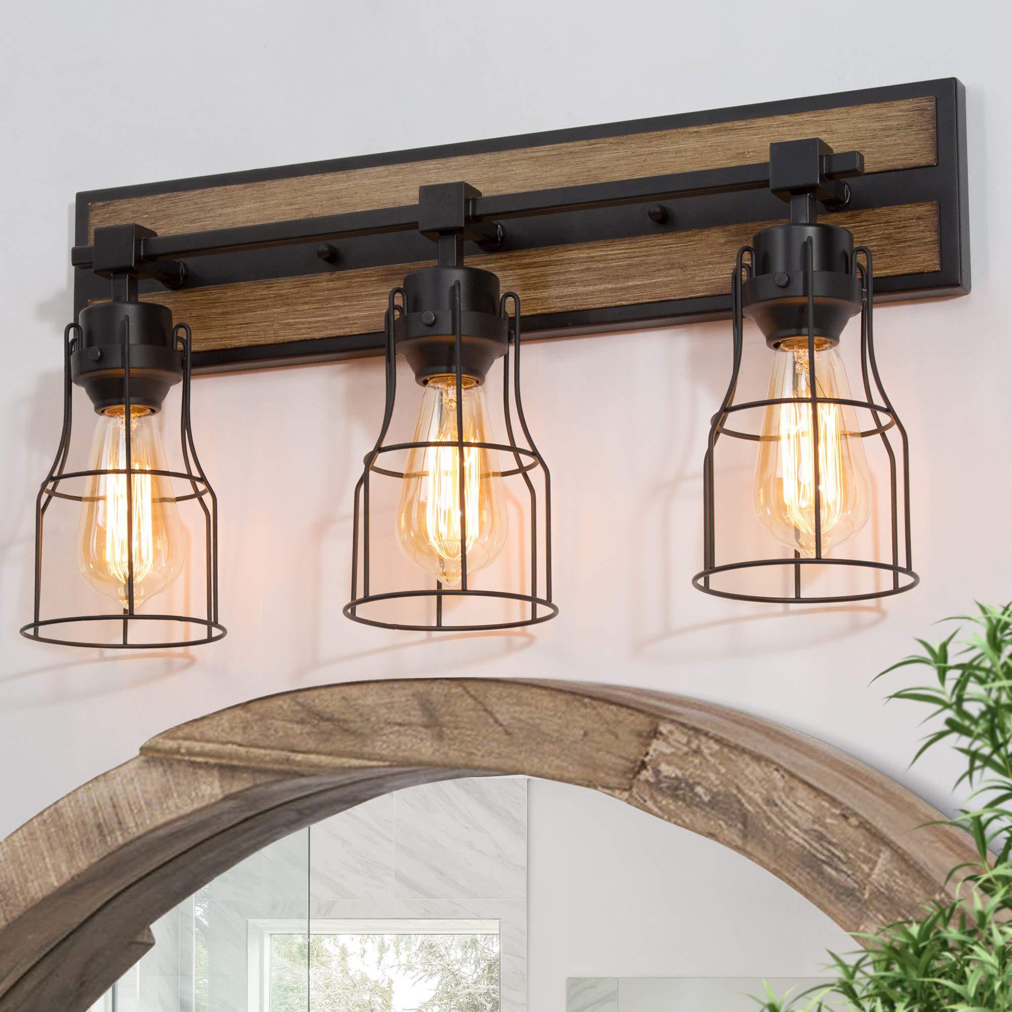 Rustic lighting fixtures illuminate your farmhouse bathroom with a warm glow
