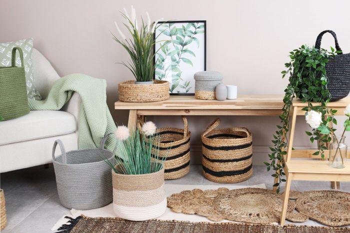 Incorporate woven baskets for stylish storage solutions in your Boho Living Room