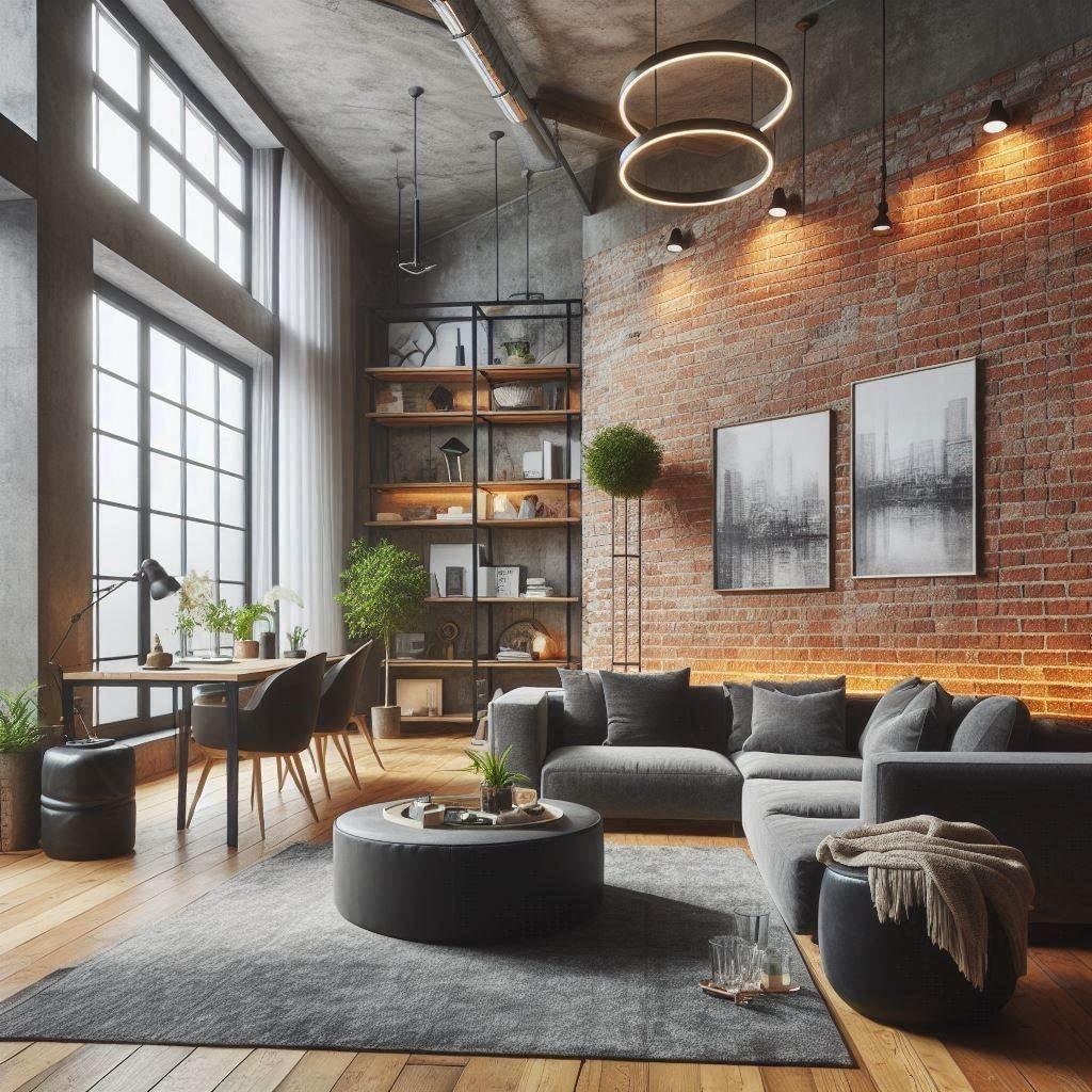 Industrial Edge: A modern Living‍ Room with exposed brick and metal