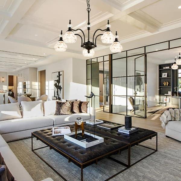 Elegant chandeliers provide a touch of glamour in your vintage living room