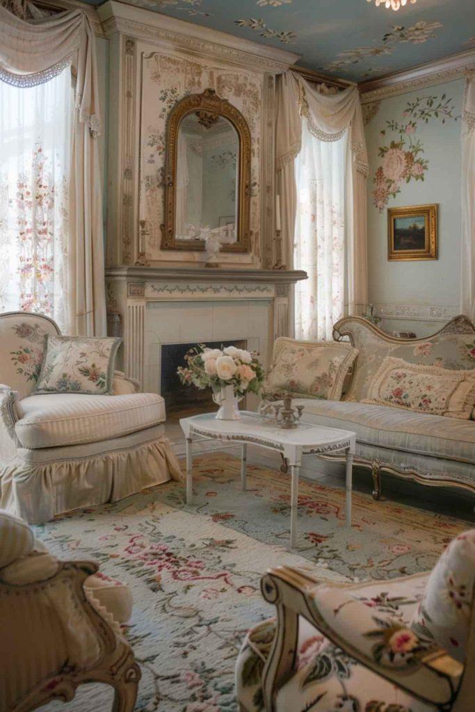 French Country Living Room: ⁣Evoke rustic elegance with floral ⁣patterns and antiques