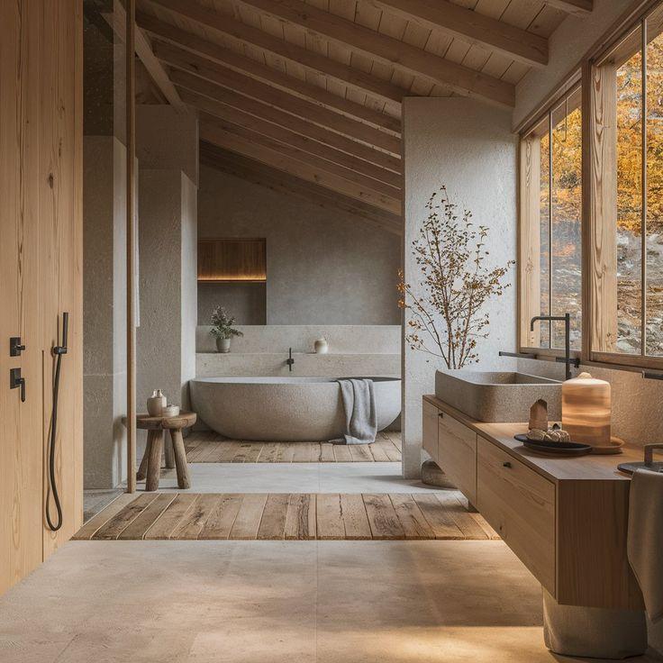 Warm neutral tones create‍ a serene chalet bathroom atmosphere
