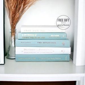 Display blue-themed books and trinkets on shelves for personality