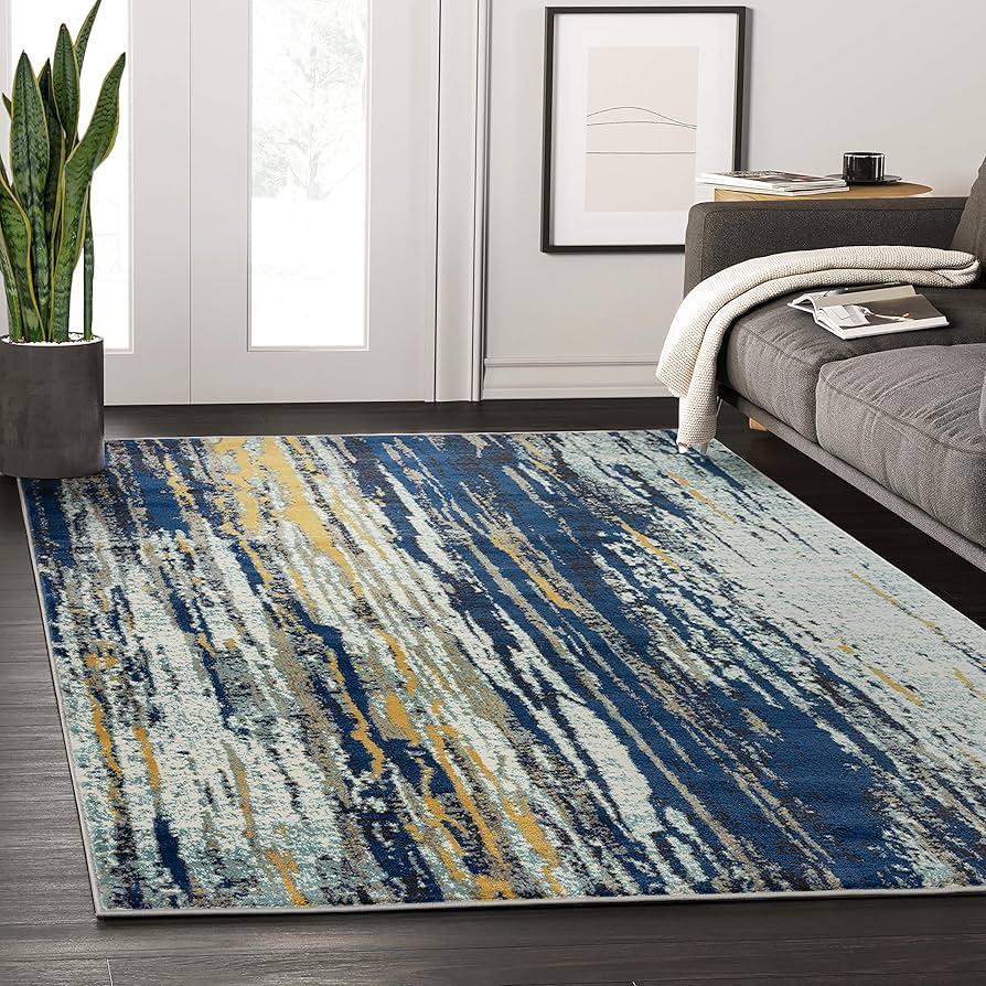 Use a bold blue area rug to anchor your space