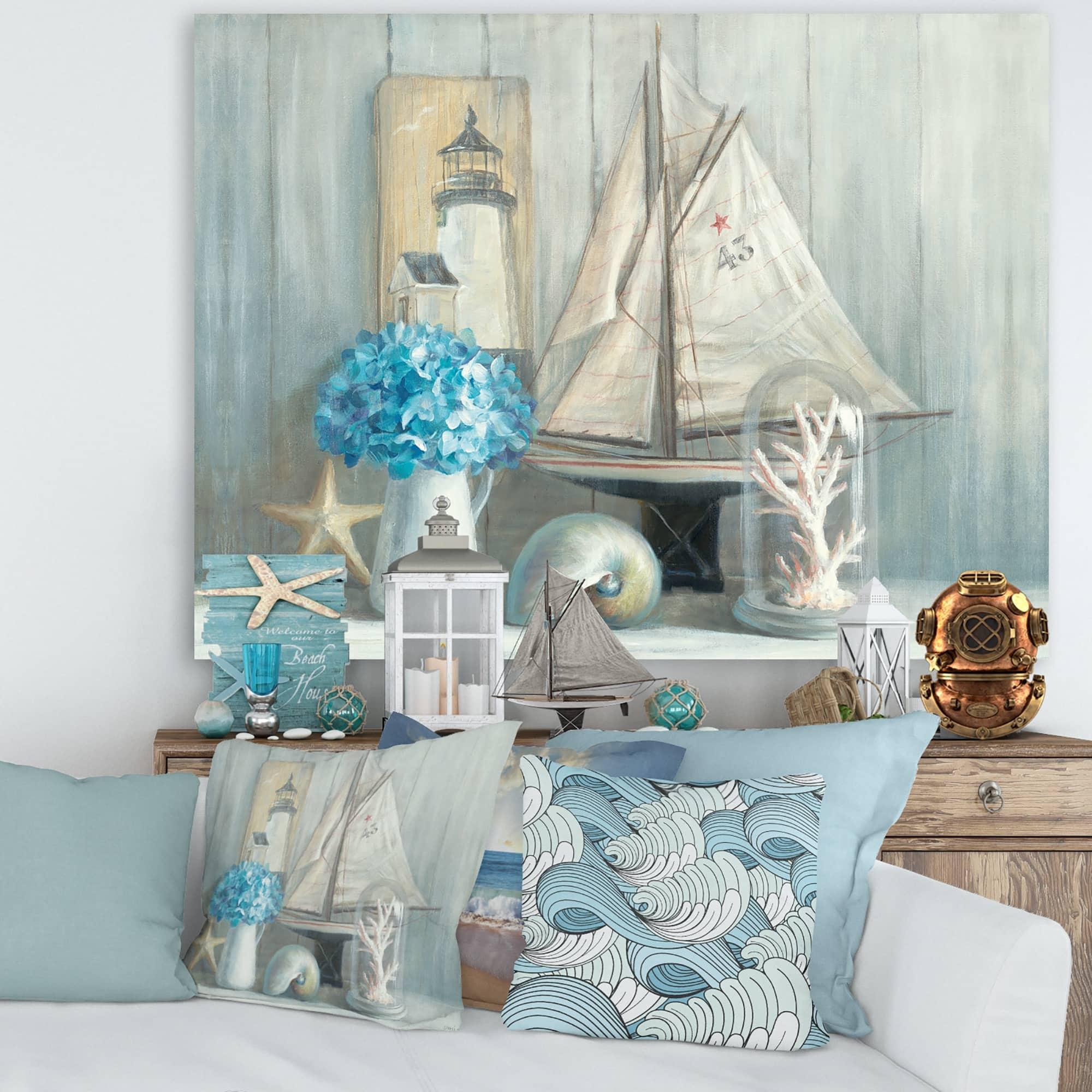 Display coastal art to celebrate a nautical theme in blue living rooms