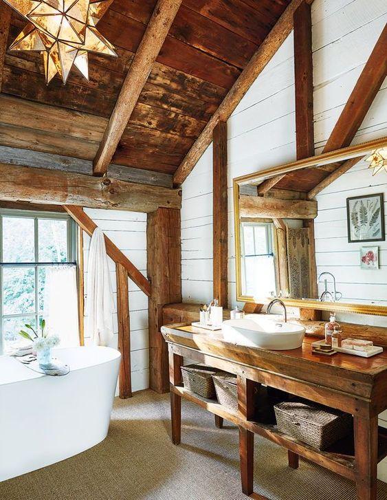 Rustic⁢ wooden beams enhance your cozy chalet bathroom vibe