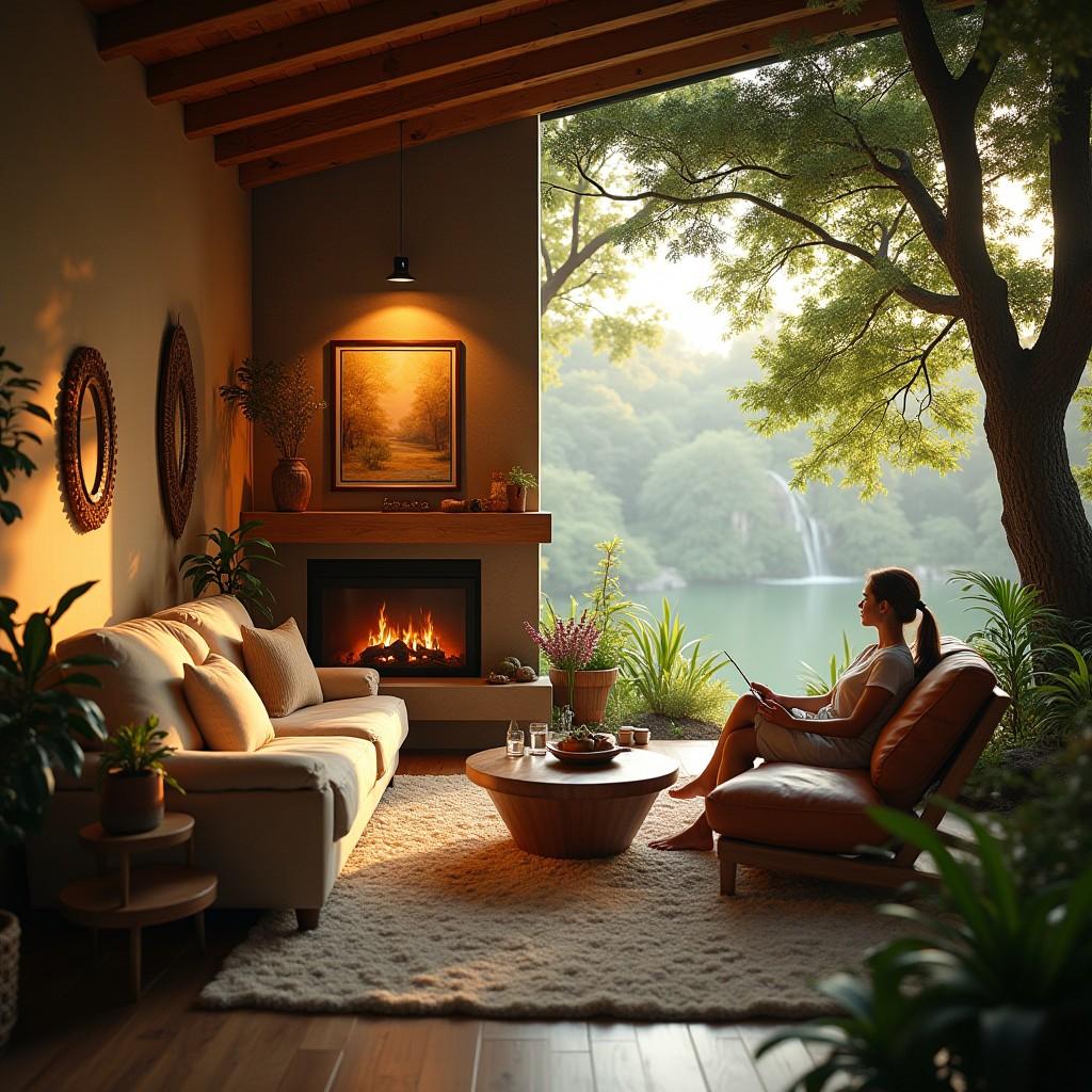 Soft, ambient lighting creates a cozy vibe in an Earthy Living Room