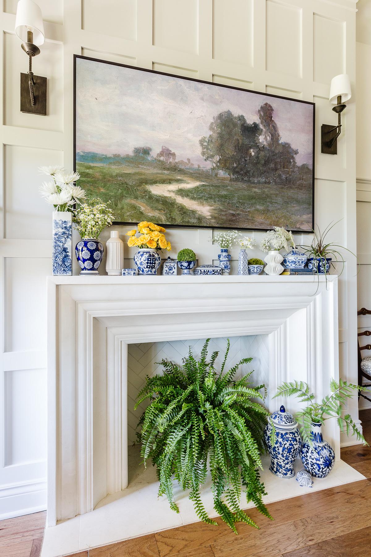Opt for a blue fireplace mantle to enhance warmth