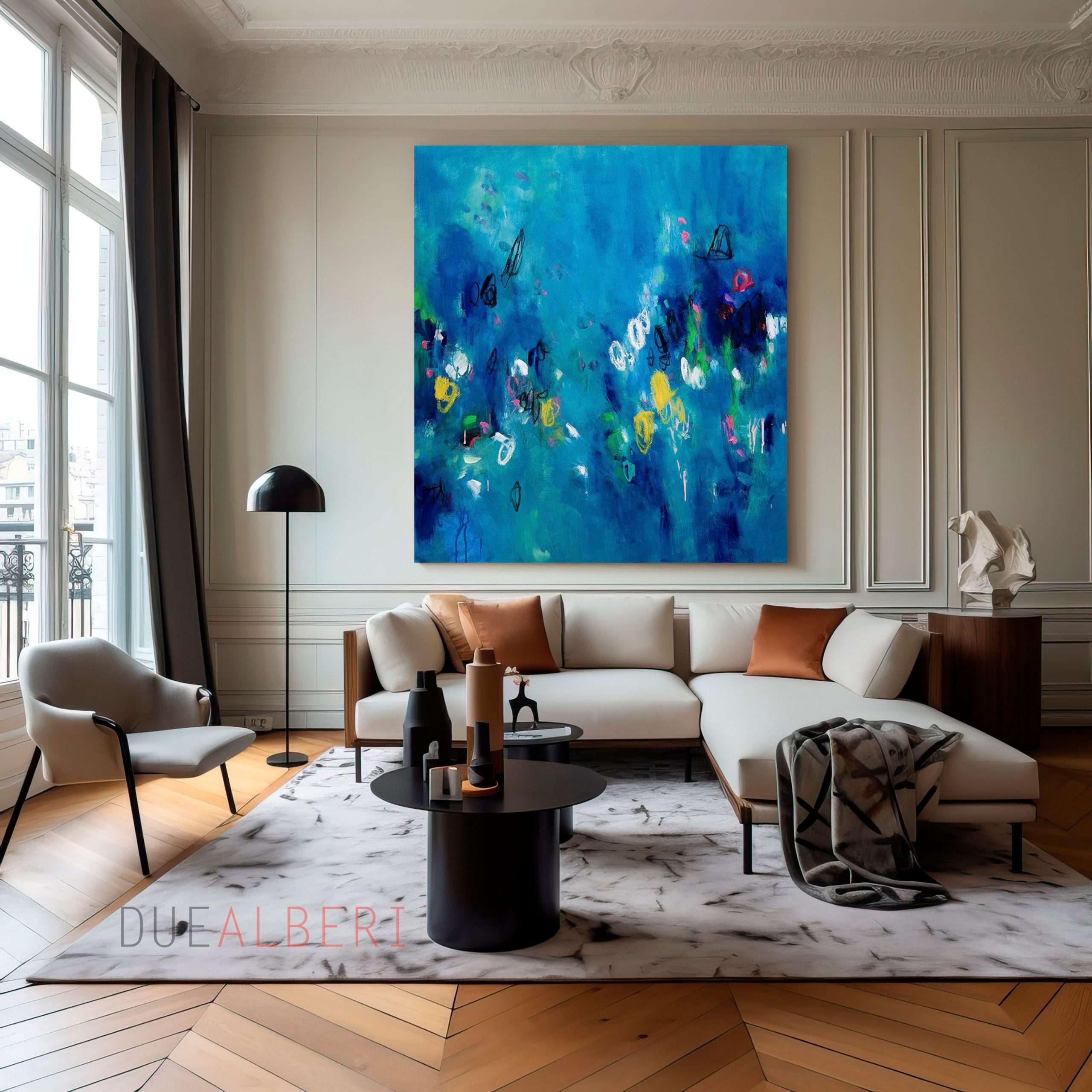 Choose vibrant blue art pieces to energize your living room
