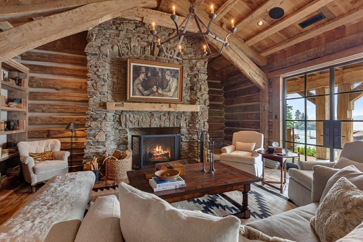Cozy Cabin Living Room: Use soft furnishings and a fireplace for a retreat