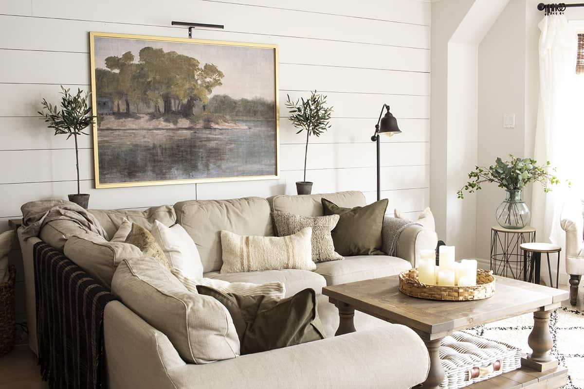 Use accent pillows in earthy hues to add comfort and style to your Living Room
