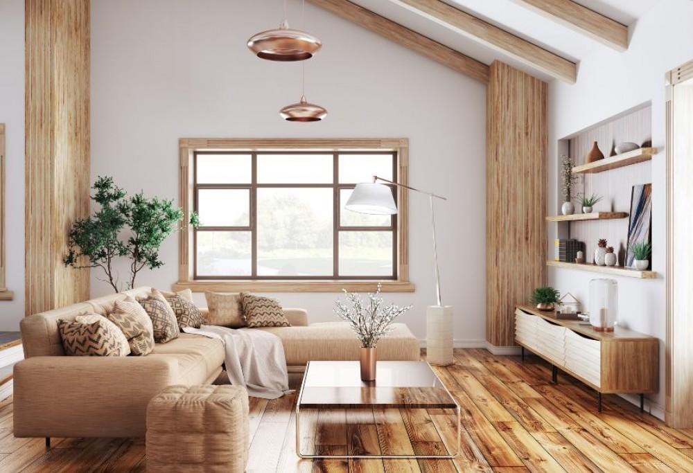 Layer your lighting with warm, ambient sources to create a cozy Earthy Living Room