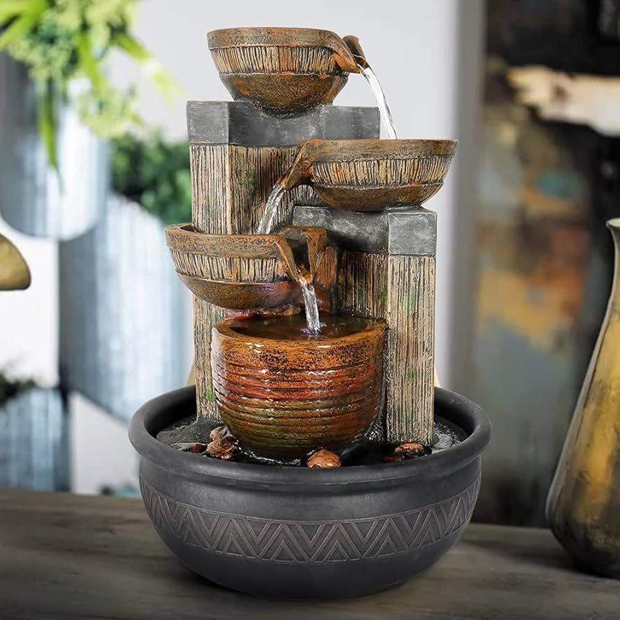 Enhance your Earthy Living Room with a calming water feature for soothing ambiance