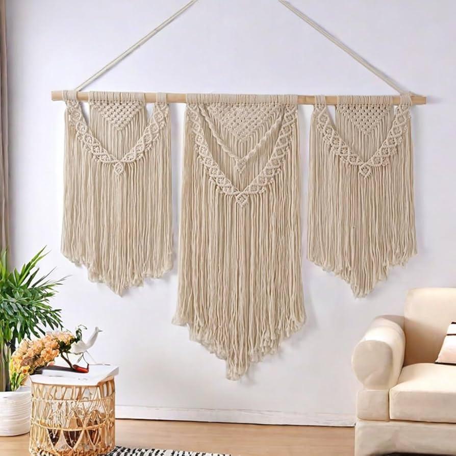 Integrate macramé wall hangings for a bohemian touch to your earthy living room
