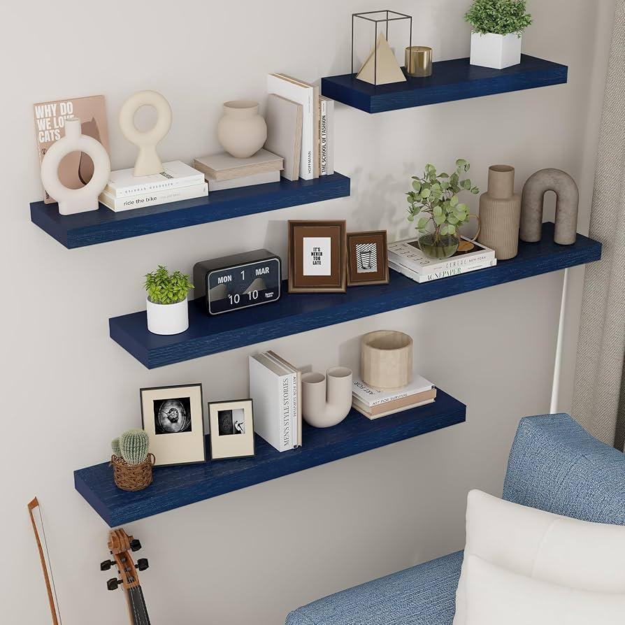 Install floating‌ shelves to ‌display‌ blue decor accents in your living room