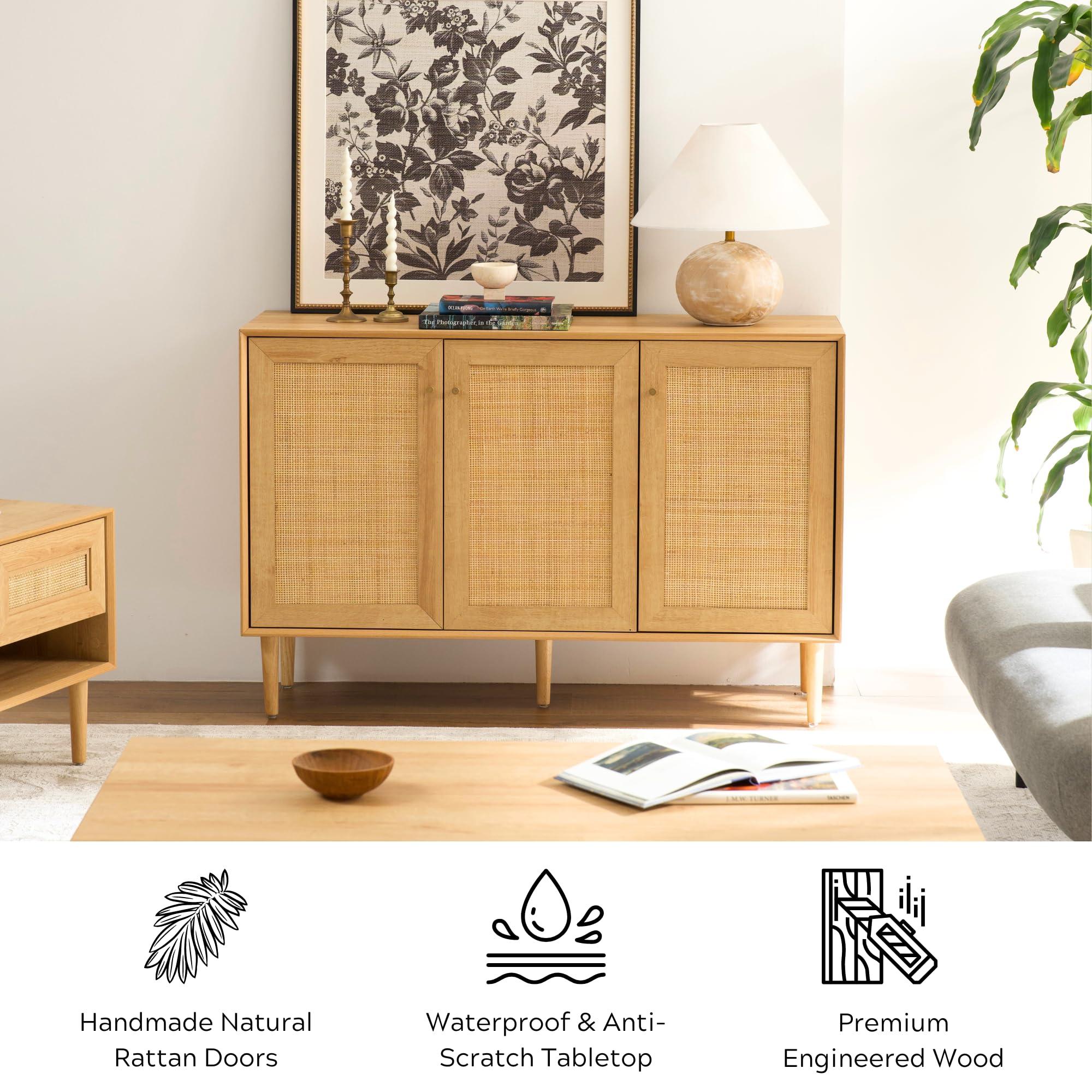 Incorporate a natural wood sideboard to blend function and style in your earthy living room