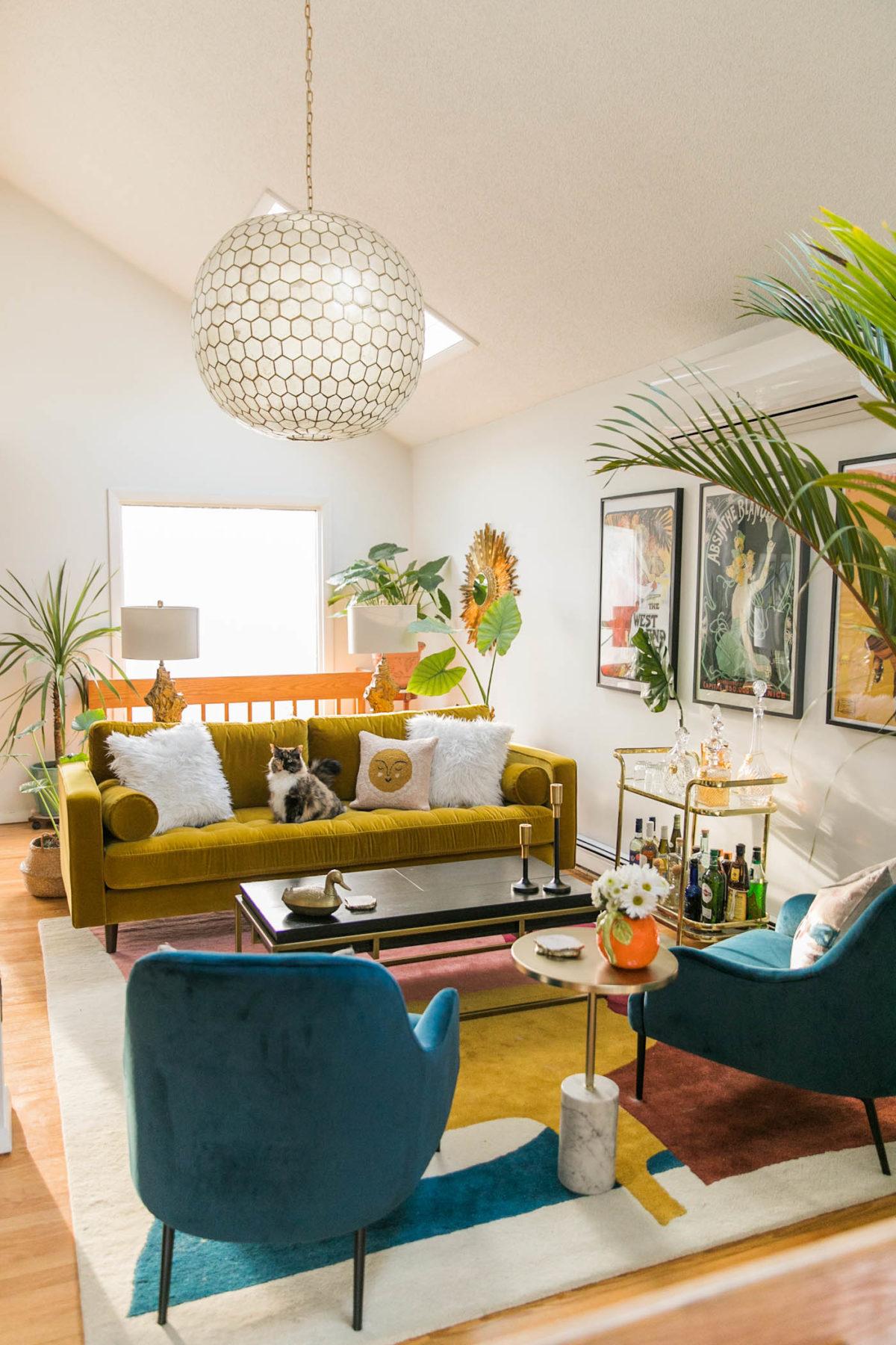 Mid-Century Living Room: Showcase retro pieces with clean lines and bold colors