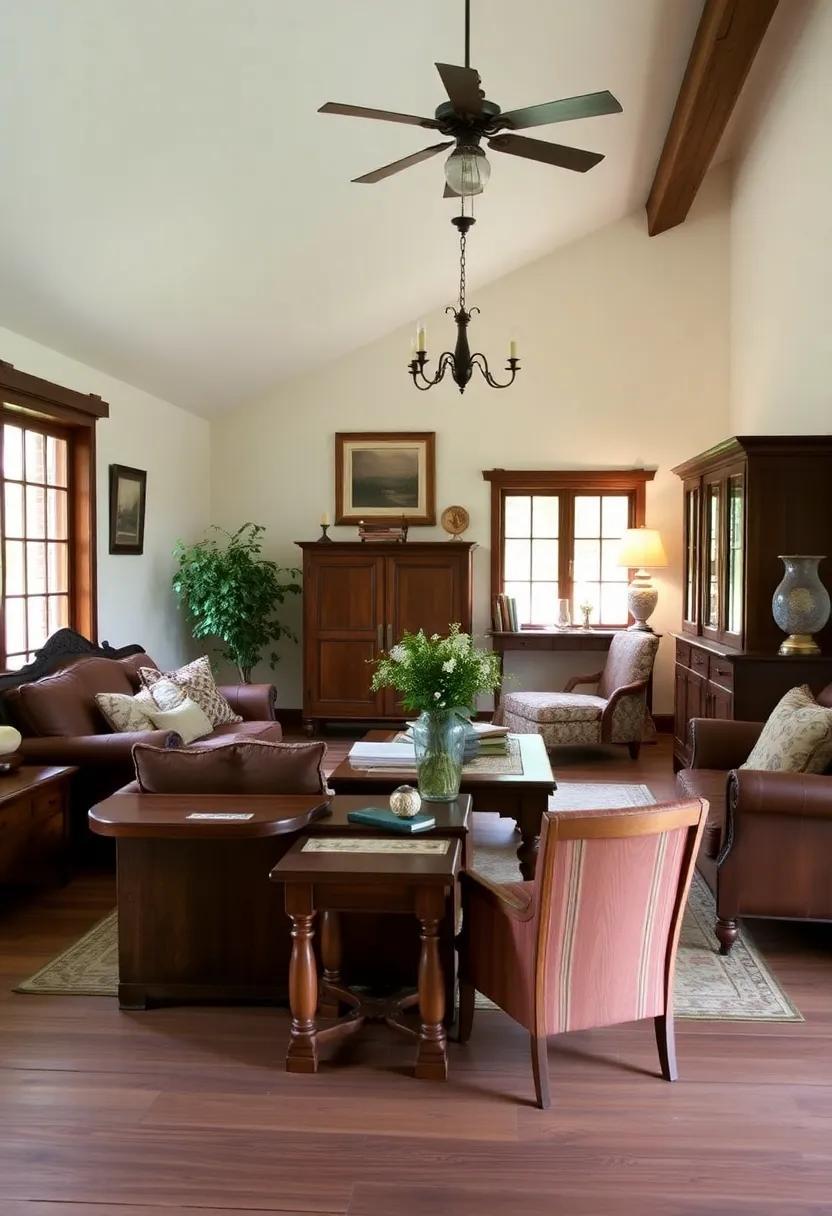 Charming Country Living Room: Embracing Antique Wooden Furnishings