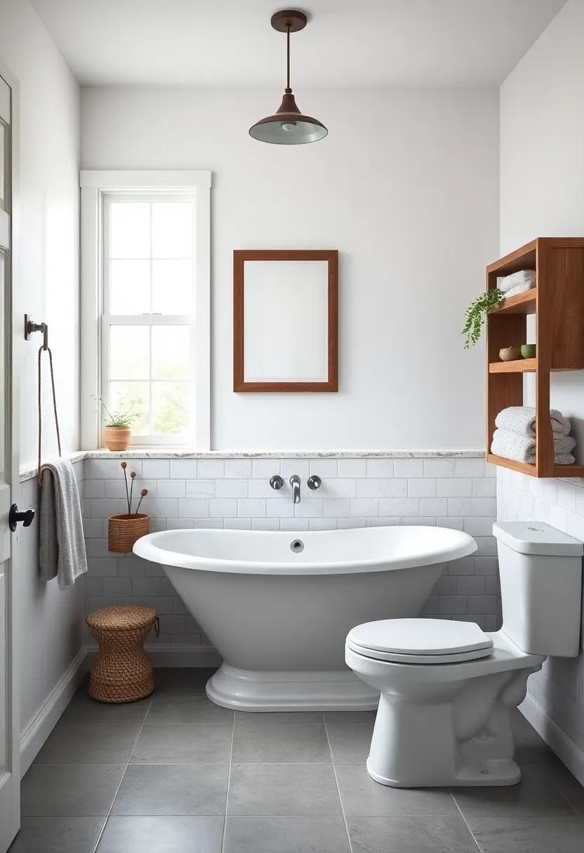 Charming Farmhouse Bathroom: Embrace Rustic Shelving for a Cozy Retreat