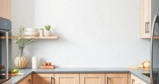 Chic Harmony: Light Gray Walls and Oak Cabinets Transform Your Kitchen Space