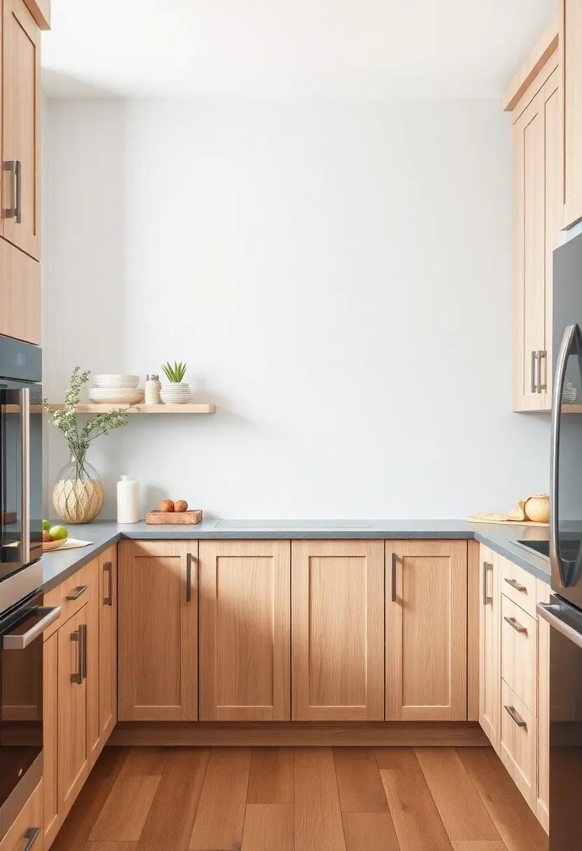 Chic Harmony: Light Gray Walls and Oak Cabinets Transform Your Kitchen Space