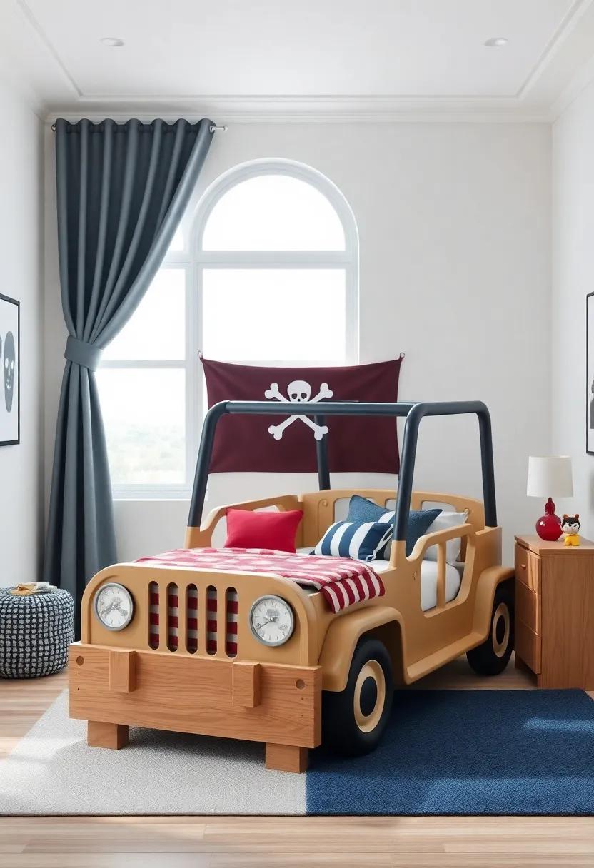 A Bed Shaped​ Like a Pirate Ship or a safari Jeep