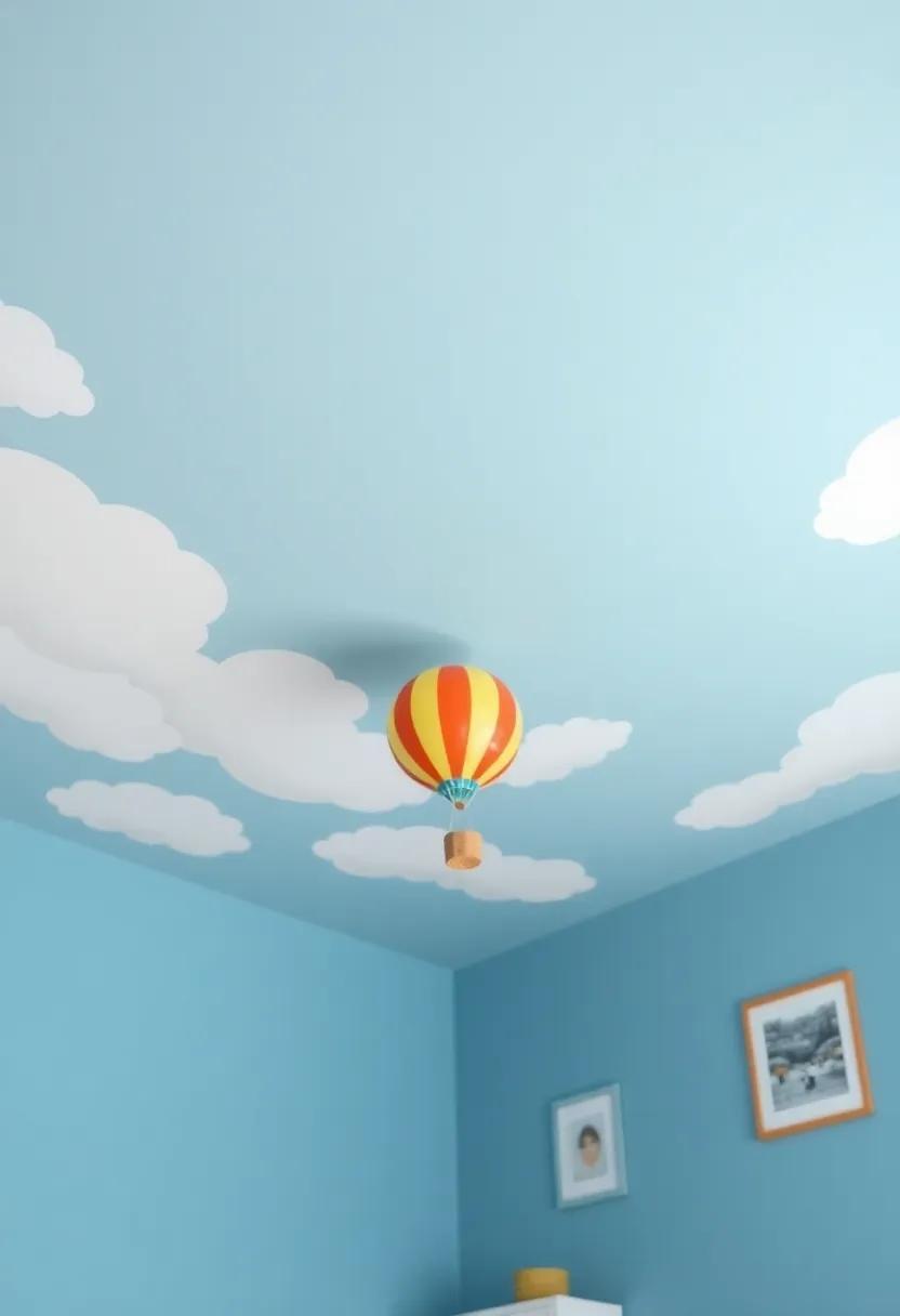 A Ceiling Painted​ with ​Clouds and ⁣a Hot ​Air balloon