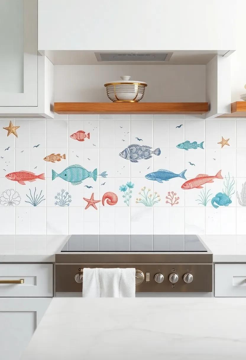 A Backsplash of Hand-Painted⁢ Tiles ⁣Depicting⁤ Marine Life