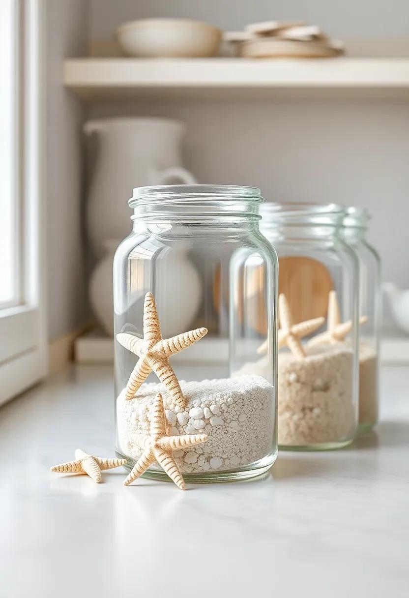 Glass Jars Filled with⁣ Sand and Starfish as Decorative Touches