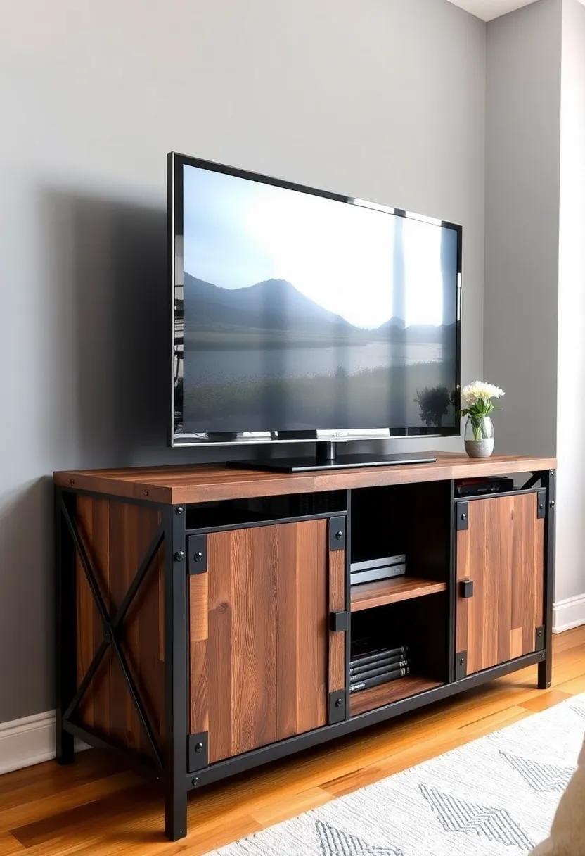 4)industrial​ Chic TV stand – Incorporating metal and reclaimed wood,this rugged unit brings an edgy vibe,perfect for loft-style‌ living or modern urban apartments