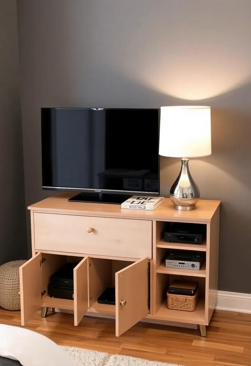 2) Multi-Purpose Media Console – Featuring ⁣hidden‍ compartments, this ‍unit ⁣provides‍ ample storage space for your tech‌ gadgets, with a surface ⁣area perfect for a⁣ stylish lamp or decorative items