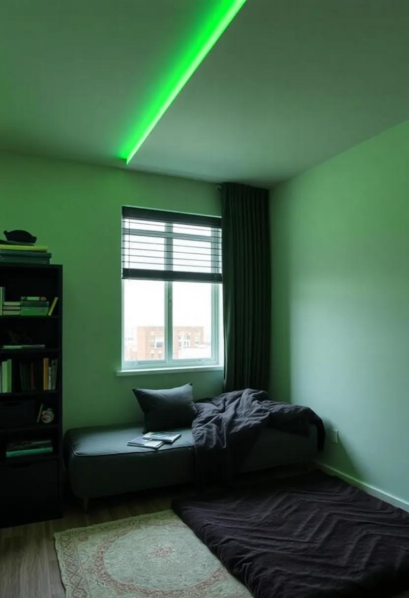1) Moody Lighting:‍ Install LED strip lights⁤ in green⁢ around the ceiling edges ⁢to create a cozy‍ and dynamic ambiance