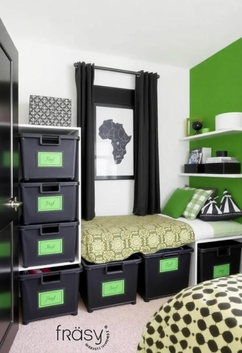 19)​ Funky ⁢storage⁣ Bins: Use ⁤black storage‍ bins ‍with green labels to keep ⁤the room ‌organized​ while ⁣maintaining aesthetic appeal