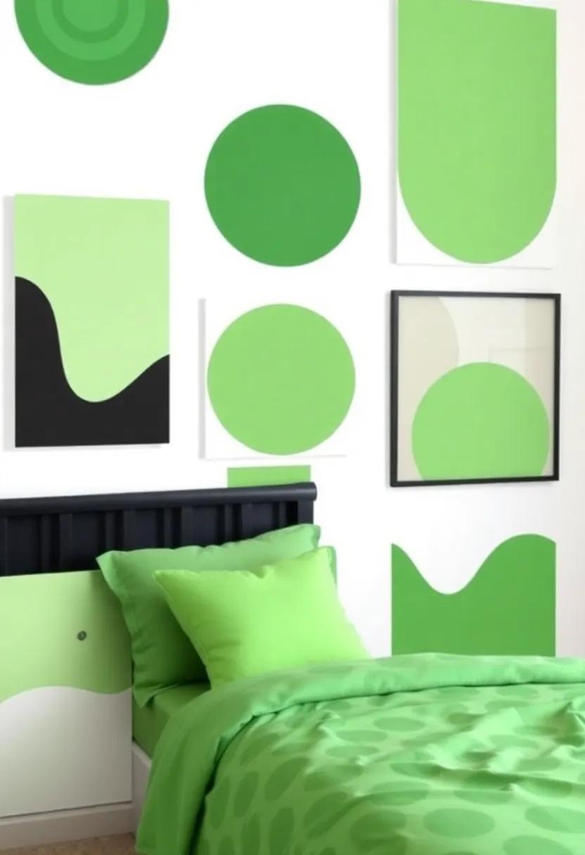 16) Trendy Wall Art: ​Use wall decals or removable stickers in various designs that incorporate both‍ green and black tones