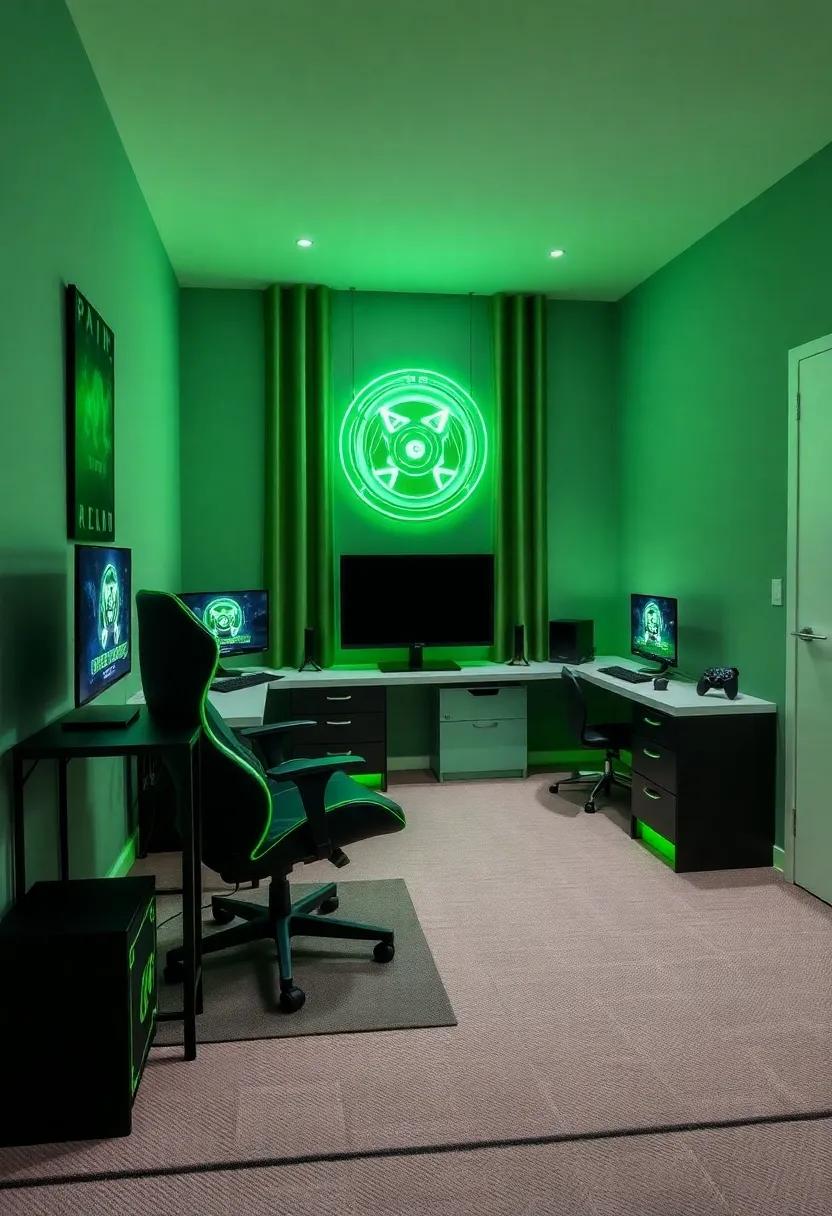 7)⁣ Gaming Zone: Set ⁤up a⁤ dedicated gaming nook with green accents,‍ like a neon gaming⁢ chair ⁤or LED light-up accessories
